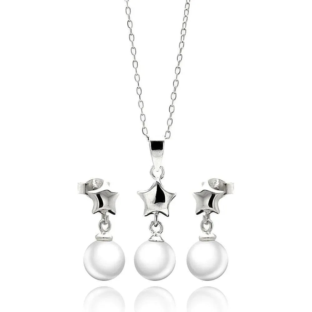 925 Sterling Silver Rhodium Plated Star White Enamel Pearl Dangling Stud Earring and Necklace Set
