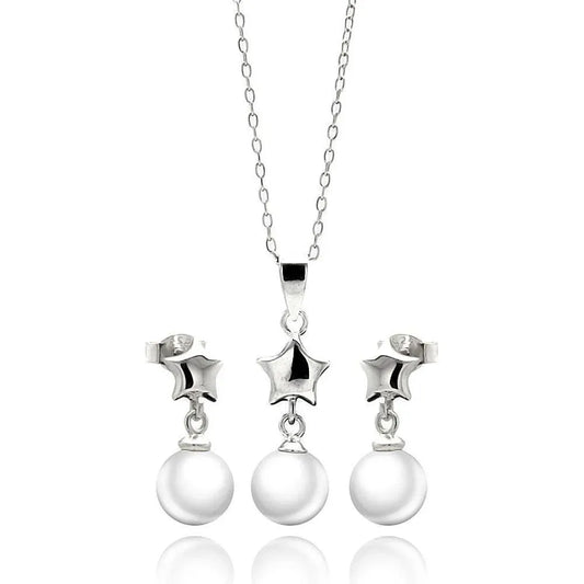 925 Sterling Silver Rhodium Plated Star White Enamel Pearl Dangling Stud Earring and Necklace Set