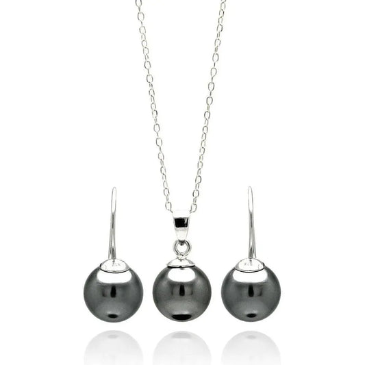 925 Sterling Silver Rhodium Plated Black Pearl Hanging Earring and Necklace Set