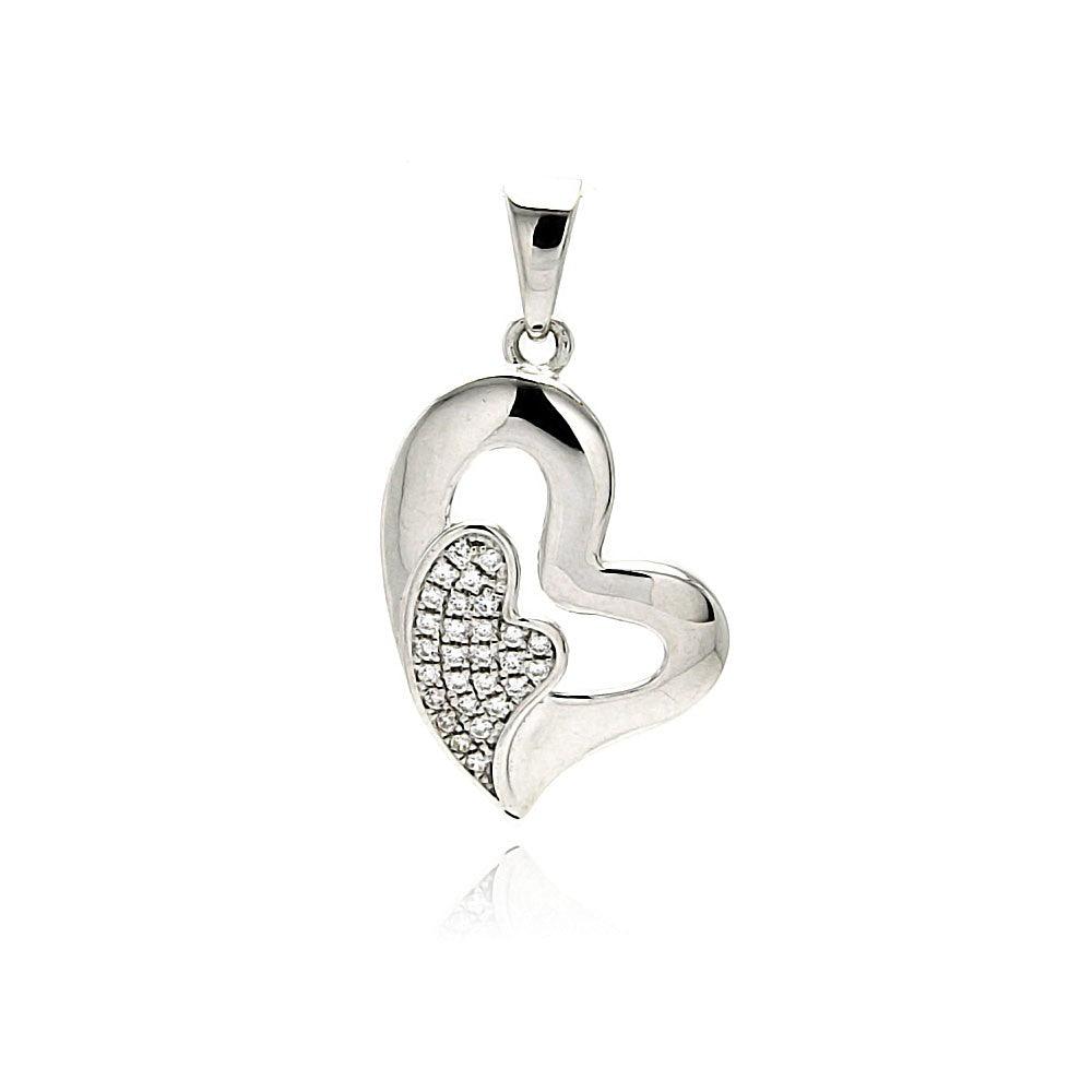 925 Silver Rhodium Plated Open Heart Micro Pave CZ Inlay Mini Heart Dangling Pendant