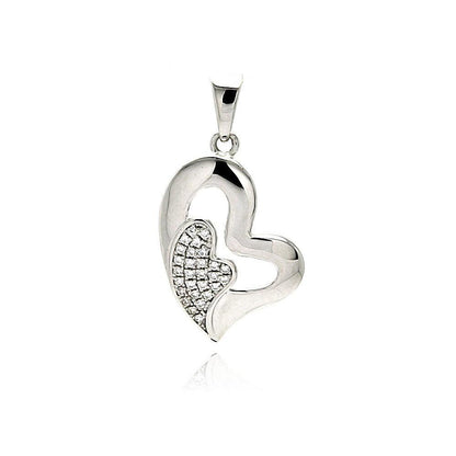 925 Silver Rhodium Plated Open Heart Micro Pave CZ Inlay Mini Heart Dangling Pendant