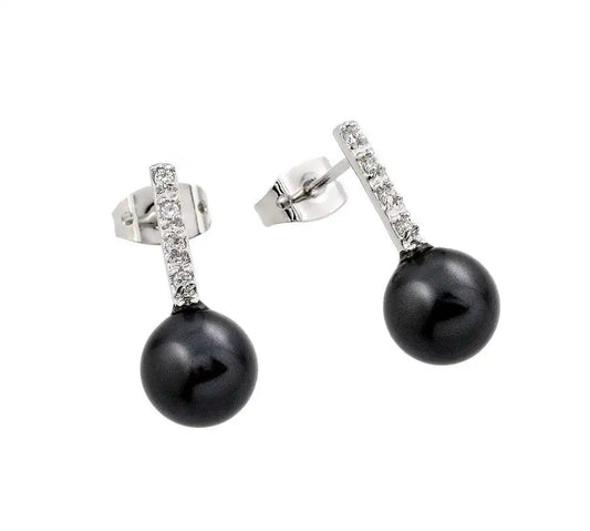 925 Sterling Silver Rhodium Plated Channel CZ Black Pearl Stud Earrings
