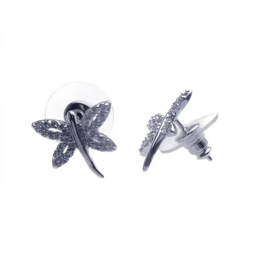 925 Sterling Silver Rhodium Plated Dragonfly CZ Earrings