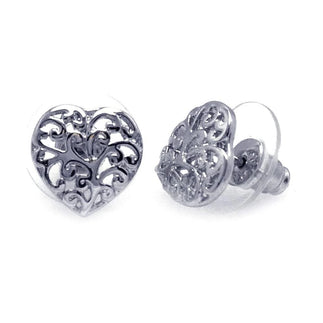 925 Silver Rhodium Plated Open Heart Filigree Earrings