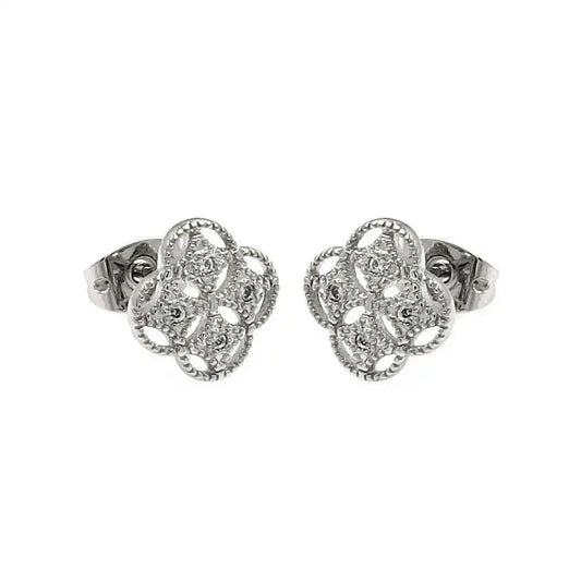 925 Sterling Silver Rhodium Plated Clover CZ Stud Earrings