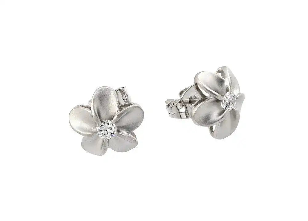 925 Sterling Silver Rhodium Plated Flower Round CZ Stud Earrings