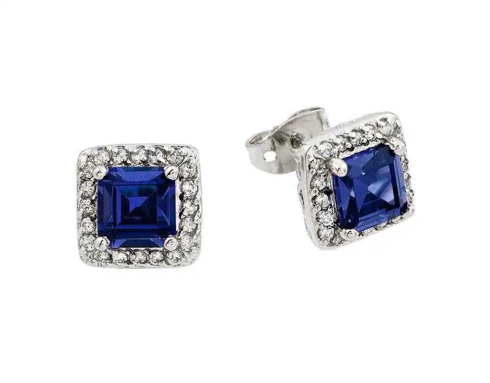 925 Sterling Silver Rhodium Plated Blue Square CZ Stud Earrings