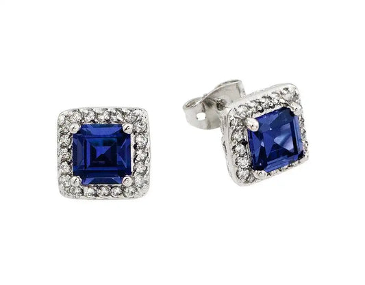 925 Sterling Silver Rhodium Plated Blue Square CZ Stud Earrings