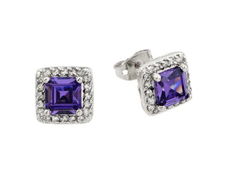 925 Silver Rhodium Plated Purple Square CZ Stud Earrings