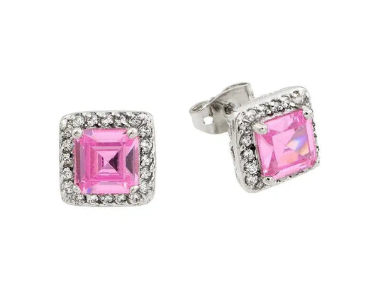 925 Sterling Silver Rhodium Plated Pink Square CZ Stud Earrings