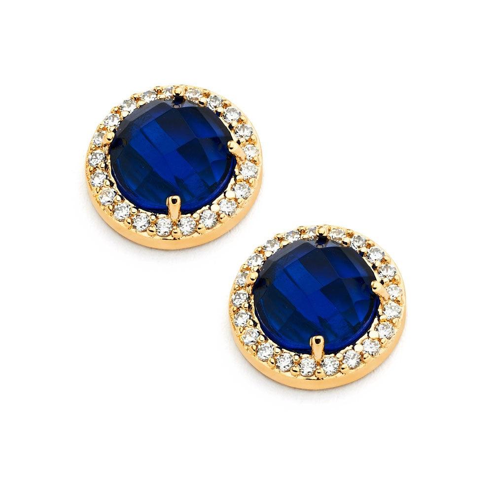 925 Silver Gold Plated Blue Center Clear Outline CZ Stud Earrings