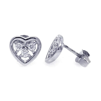 925 Silver Rhodium Plated Three Clear Round CZ Heart Post Earrings