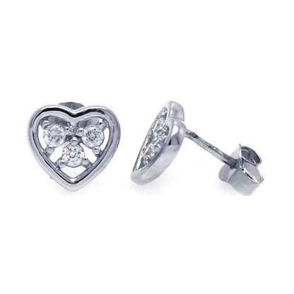 925 Silver Rhodium Plated Three Clear Round CZ Heart Post Earrings