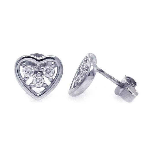 925 Silver Rhodium Plated Three Clear Round CZ Heart Post Earrings