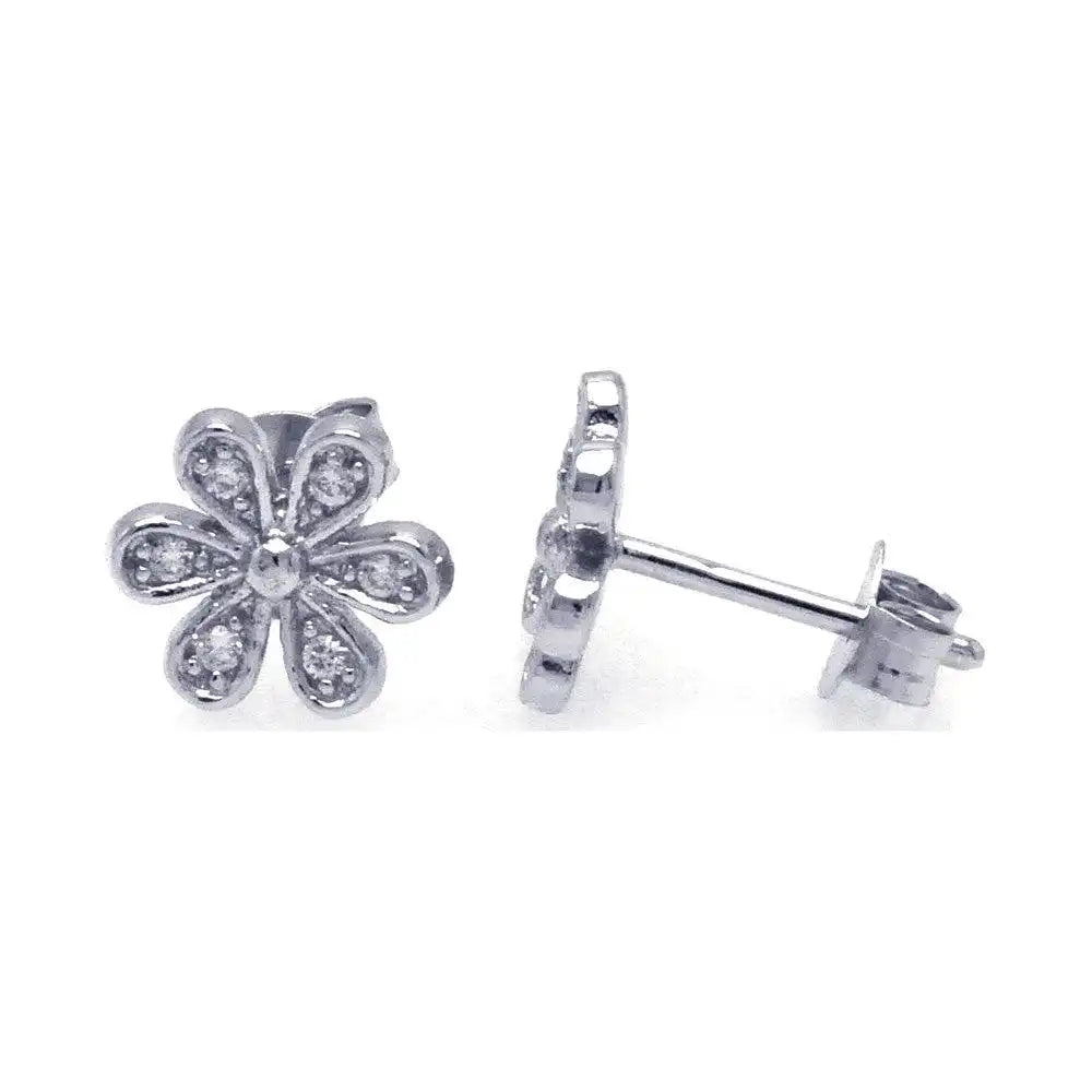 925 Sterling Silver Rhodium Plated Round Flower Clear CZ Post Earrings