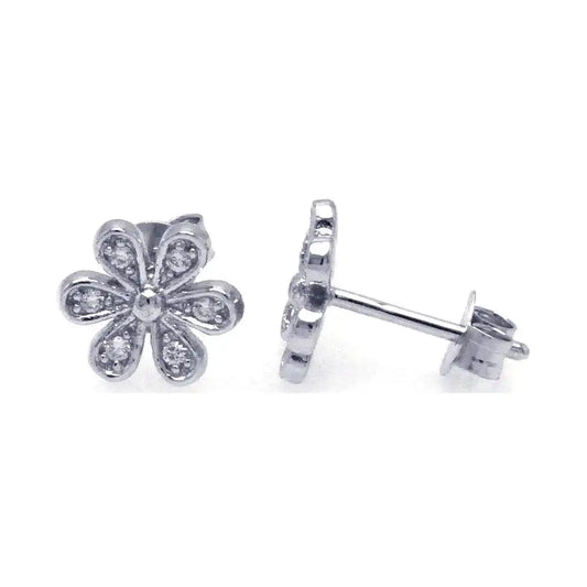 925 Sterling Silver Rhodium Plated Round Flower Clear CZ Post Earrings