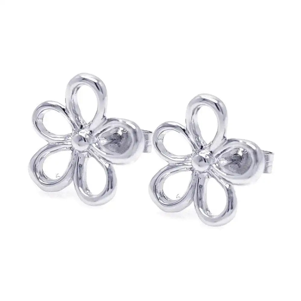 925 Sterling Silver Rhodium Plated Open Flower One Clear CZ Stud Earrings