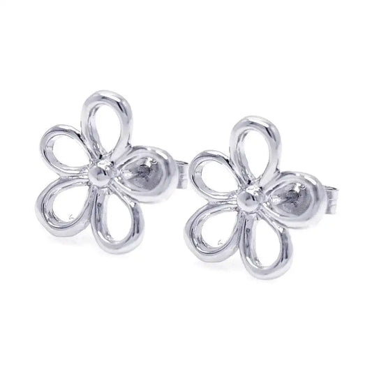 925 Sterling Silver Rhodium Plated Open Flower One Clear CZ Stud Earrings