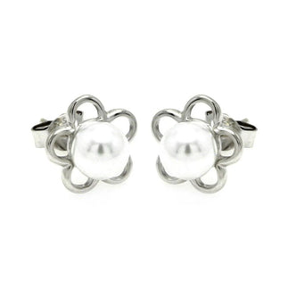 925 Silver Rhodium Plated Open Star Pearl Stud Earrings