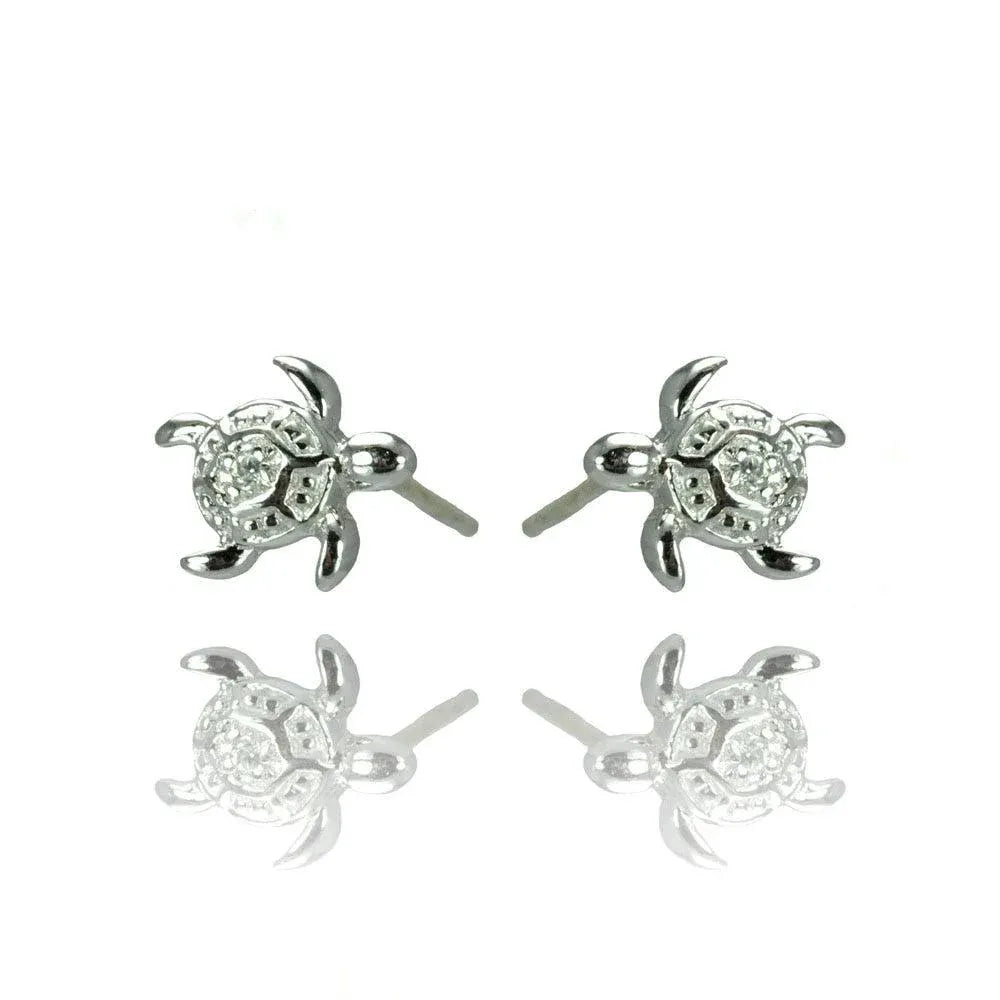 925 Sterling Silver Rhodium Plated Turtle CZ Stud Earrings
