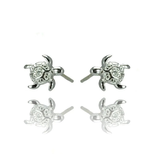 925 Sterling Silver Rhodium Plated Turtle CZ Stud Earrings