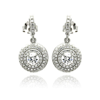 925 Silver Rhodium Plated Micro Pave Clear Round CZ Dangling Stud Earrings