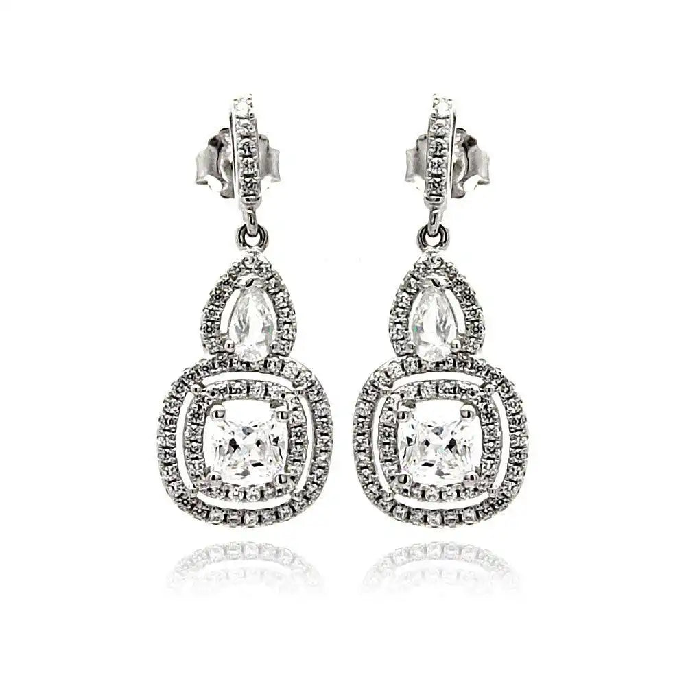 925 sterling silver Rhodium Plated Micro Pave Clear Teardrop Square CZ Dangling Stud Earrings