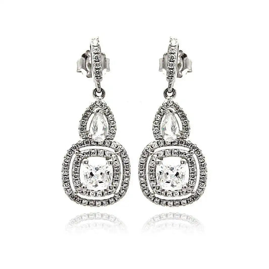 925 sterling silver Rhodium Plated Micro Pave Clear Teardrop Square CZ Dangling Stud Earrings