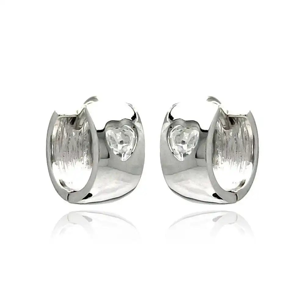 925 Sterling Silver Rhodium Plated Hear Clear CZ huggie hoop Earrings