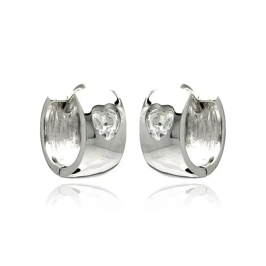 925 Sterling Silver Rhodium Plated Hear Clear CZ huggie hoop Earrings