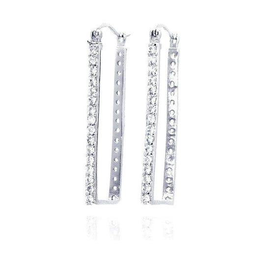 925 Silver Clearance-Rhodium Plated CZ Rectangular Hoop Earrings