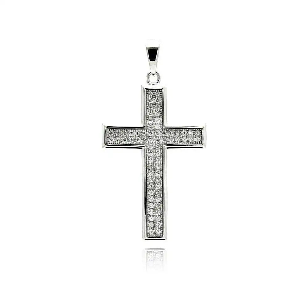 925 Sterling Silver Rhodium Plated Cross Micro Pave CZ Dangling Pendant