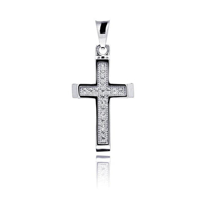 925 Sterling Silver Rhodium Plated Cross Inlay Micro Pave CZ Dangling Pendant