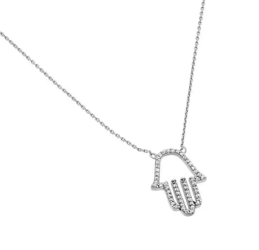 925 Sterling Silver Rhodium Plated Clear CZ Hamsa Pendant Necklace