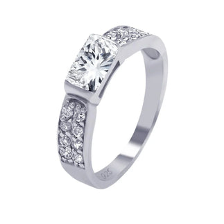 925 Silver Rhodium Plated Clear Rectangular Center Pave CZ Ring