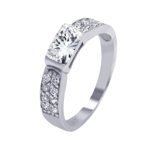 925 Silver Rhodium Plated Clear Rectangular Center Pave CZ Ring