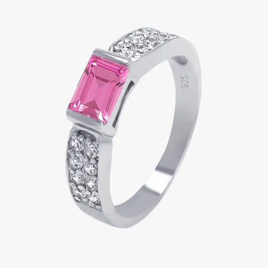 925 Sterling Silver Rhodium Plated Pink Rectangular Center Pave CZ Ring