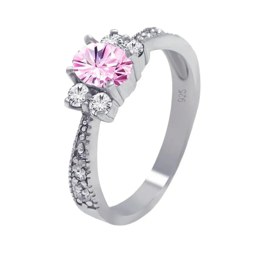 925 Sterling Silver Rhodium Plated Pink Oval Center Pave CZ Engagement Ring
