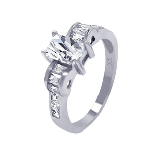 925 Silver Rhodium Plated Rectangular Center Clear CZ Engagement Ring
