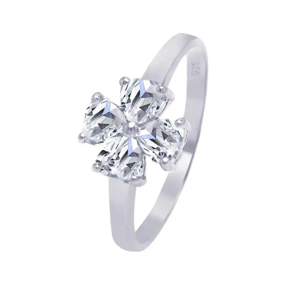 925 Sterling Silver Rhodium Plated Clear CZ Cross Clover Ring
