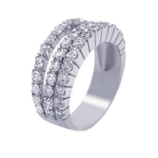 925 Silver Rhodium Plated 3 Row Clear CZ Ring