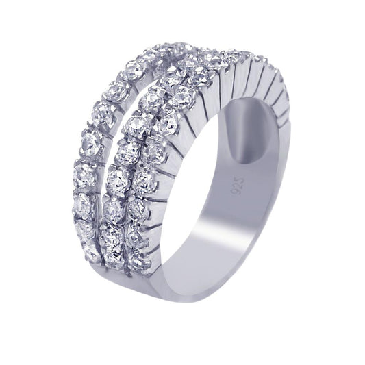 925 Silver Rhodium Plated 3 Row Clear CZ Ring