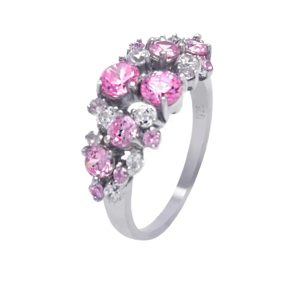 925 Sterling Silver Rhodium Plated Multi Shaped Pink CZ Ring