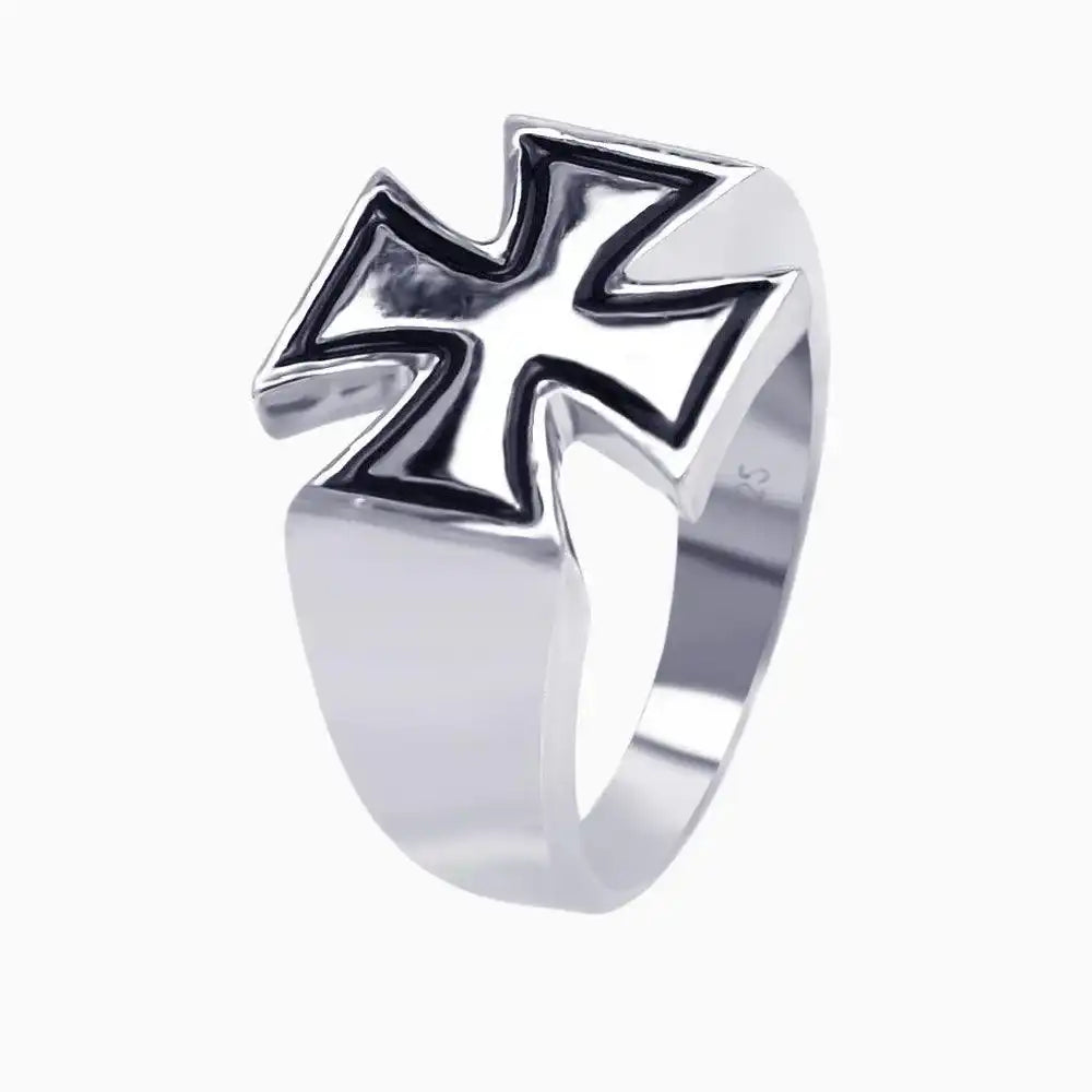 925 Sterling Silver Rhodium and Black Rhodium Plated High Polish Cross Ring