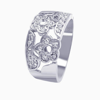 925 Silver Rhodium Plated Pave Clear CZ Flower Ring