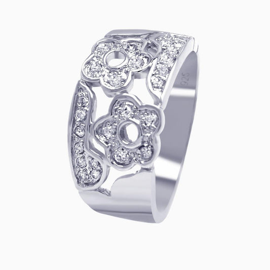 925 Silver Rhodium Plated Pave Clear CZ Flower Ring