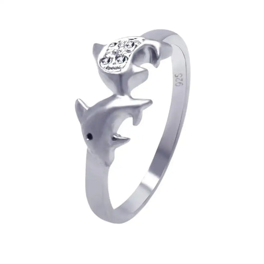 925 Sterling Silver Rhodium Plated CZ Dolphin Ring