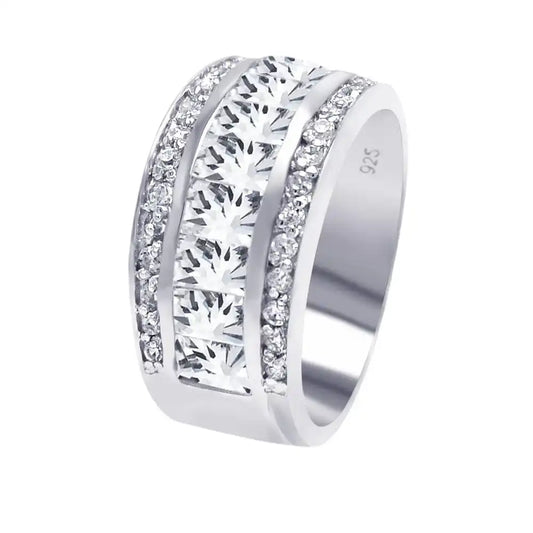925 Sterling Silver Rhodium Plated Half Channel Clear Baguette Round CZ Ring