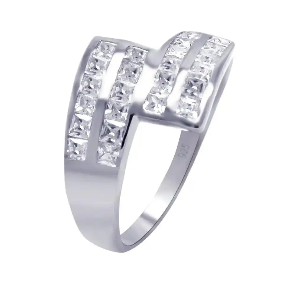 925 Sterling Silver Rhodium Plated Clear Square CZ Ribbon Ring