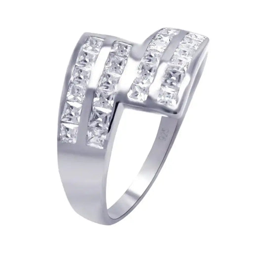 925 Sterling Silver Rhodium Plated Clear Square CZ Ribbon Ring